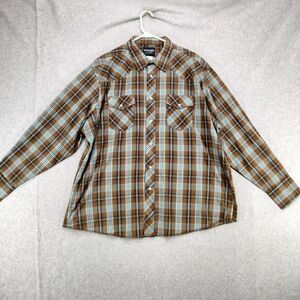 Wrangler Western Snap Down Shirt Mens Size 2XL XXL Brown Teal Plaid Long Sleeve